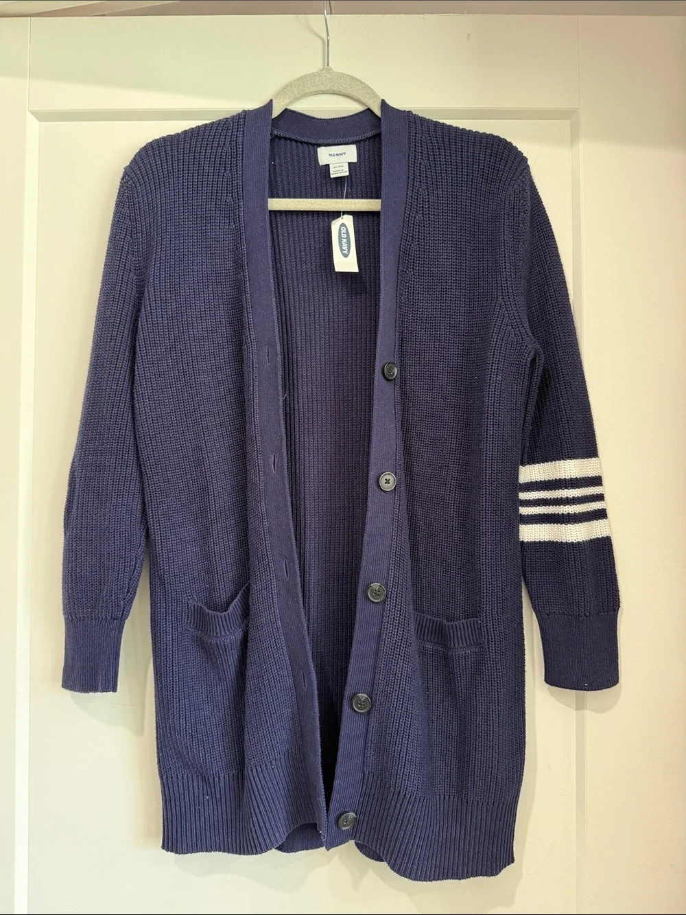 Old Navy Long Knit Cardigan with White Sleeve Stripes